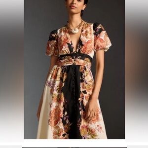 Anthropologie Floral Print Linen V-Neck Dress